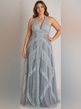 NWT! BCBGMAXAZRIA Raissa Halter Neck Maxi Evening Gown in Haze Combo • Size 12